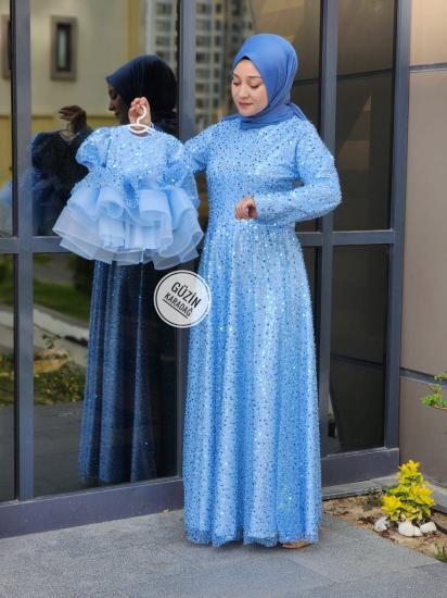 Anne Kız Bebe Mavi Abiye Elbise